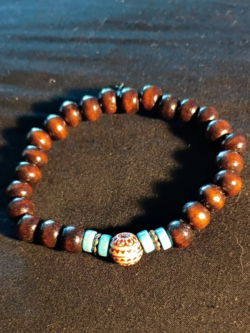 Brown Wooden Bead Stretch Bracelet with Turquoise Accent